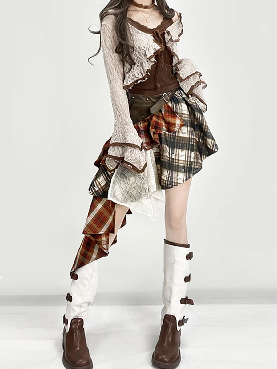 Hit Color Designer Loose Mini Skirts For Women High Waist Temperament Check Spliced Belt Skirt Female Fashion New