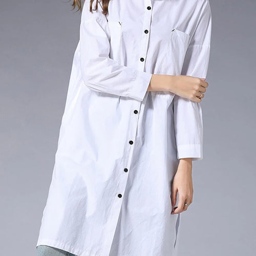 Load image into Gallery viewer, Women White Pocket Slit Spliced Big Size Long Blouse New Lapel Long Sleeve Shirt Fashion Tide Spring Autumn 2025 1DJ1506
