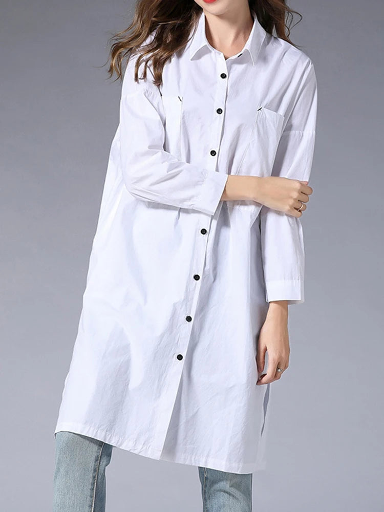 Women White Pocket Slit Spliced Big Size Long Blouse New Lapel Long Sleeve Shirt Fashion Tide Spring Autumn 2025 1DJ1506