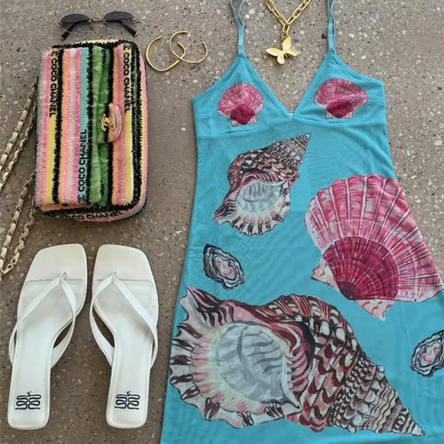 Load image into Gallery viewer, Spaghetti Strap Floral Print Mini Dress For Women Robe Summer New V Neck Sleeveless Backless Print Beach Holiday Dress
