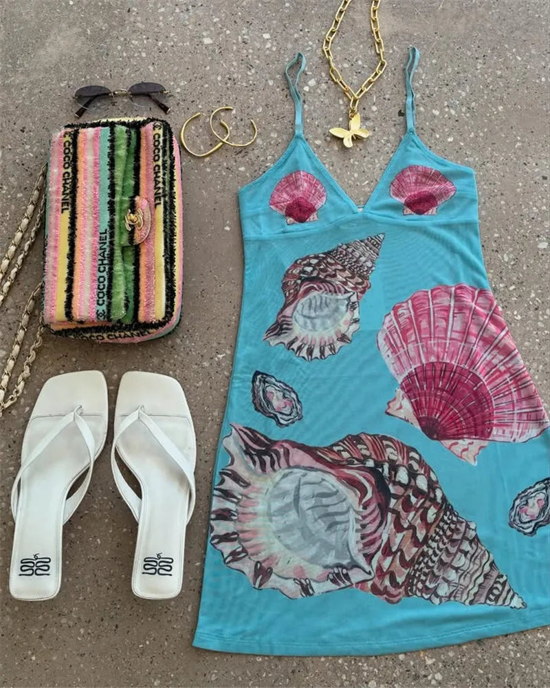 Spaghetti Strap Floral Print Mini Dress For Women Robe Summer New V Neck Sleeveless Backless Print Beach Holiday Dress