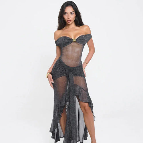 Load image into Gallery viewer, Mesh See Through Ruffled Sexy Maxi Dress For Women Gown Gray Off-shoulder Strapless Backless Ruched Long Dress Vestido
