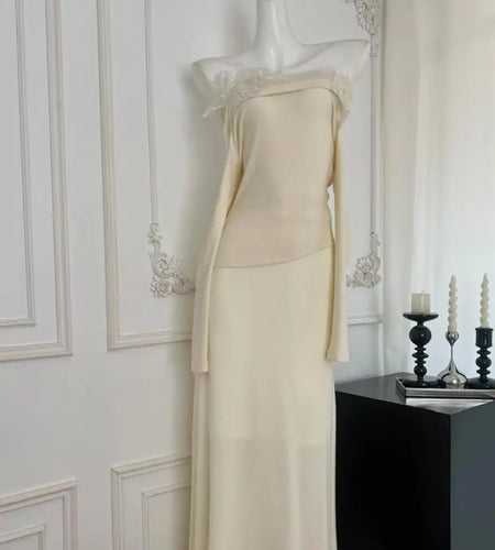 Korean Women Two-piece Sets Beige Pink Floral Sequins Long Sleeve Off Shoulder Knit Tops And High Waist Half Skirt Autumn Simple