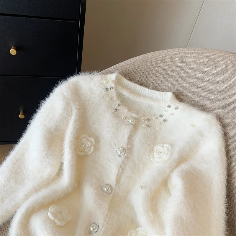 Autumn Winter Sweet Vintage Black White Pearl Knitted Cardigan Top French Fashion Women Single Breasted Long Sleeve Mink Sweater