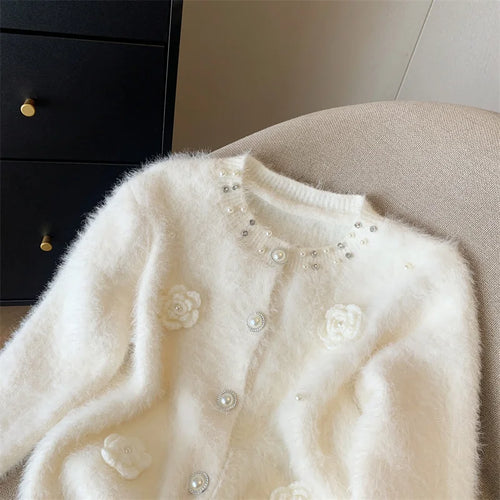 Load image into Gallery viewer, White Elegant O-neck Single-breasted Pearl Button Knit Sweater Autumn Winter Black Loose Imitation Mink Velvet 3d Flower Top New
