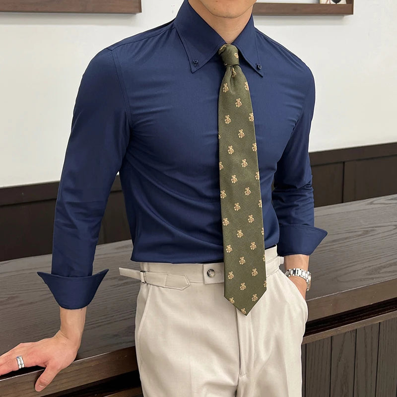 Men's New Long Sleeved Shirts Dark Striped Design Turn-down Collar Stylish Single Breasted Trendy Male Casual Tees 9W1875