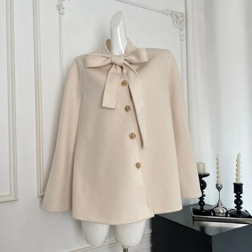 Load image into Gallery viewer, Korean Women's Beige Black Loose Woolen Coat Fashion Grey Single Breasted Long Sleeve Bow Lace-up Jacket 2024 Autumn Winter Chic
