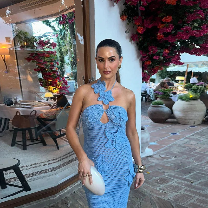 See Through Crochet Floral Knit Sexy Maxi Dress For Women Halter Sleeveless Backless Party Long Dress Beachwear New