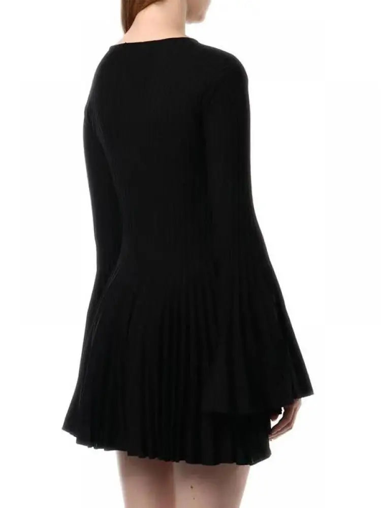 Autumn New 2024 Black Elegant Long Sleeve Knit Mini Dress For Women Beige  Round Neck Hollow Out Simple Pleated Short Dress Chic