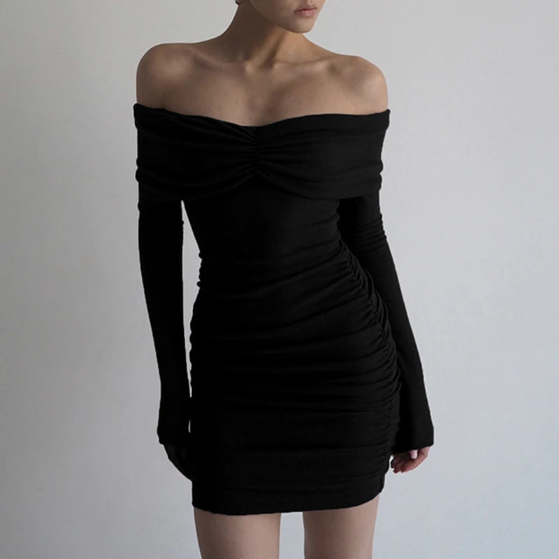 Elegant Black Off Shoulder Autumn Dress For Women Folds Long Slevee Party Slim-Fit Mini Dress Korean Fashion Bodycon