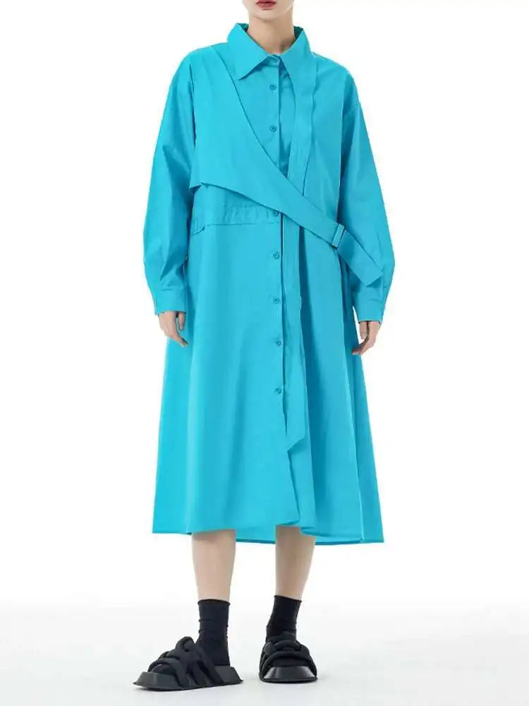 Women Purple Belted Big Size Irregular Midi Shirt Dress New Lapel Long Sleeve Fashion Tide Spring Autumn 2025 1DH5164