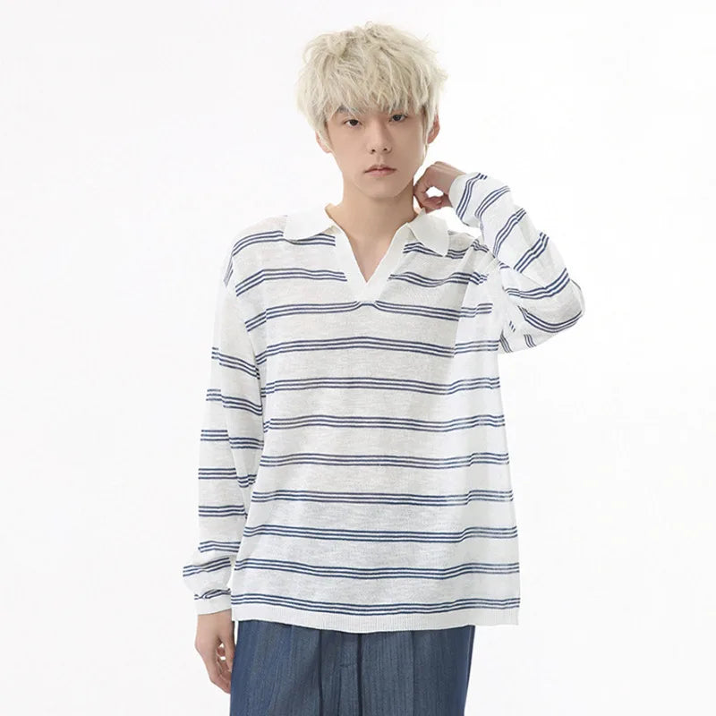 Men's Long Sleeve T-shirts New Korean Contrast Color Striped Design Loose Casual Turn-down Collar Male Handsome Top 9W1677