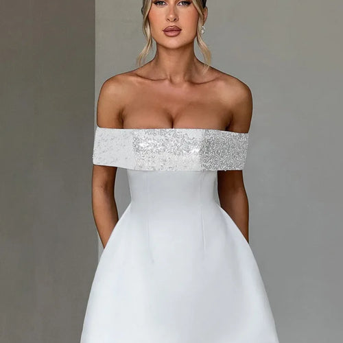 Load image into Gallery viewer, Off-shoulder Sequins Strapless Sexy Mini Dress Women Fashion Sleeveless Backless Sparkle High Waist Club Sexy Dress
