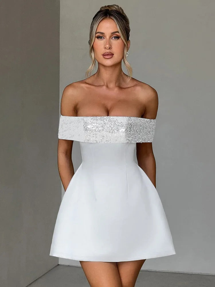 Off-shoulder Sequins Strapless Sexy Mini Dress Women Fashion Sleeveless Backless Sparkle High Waist Club Sexy Dress