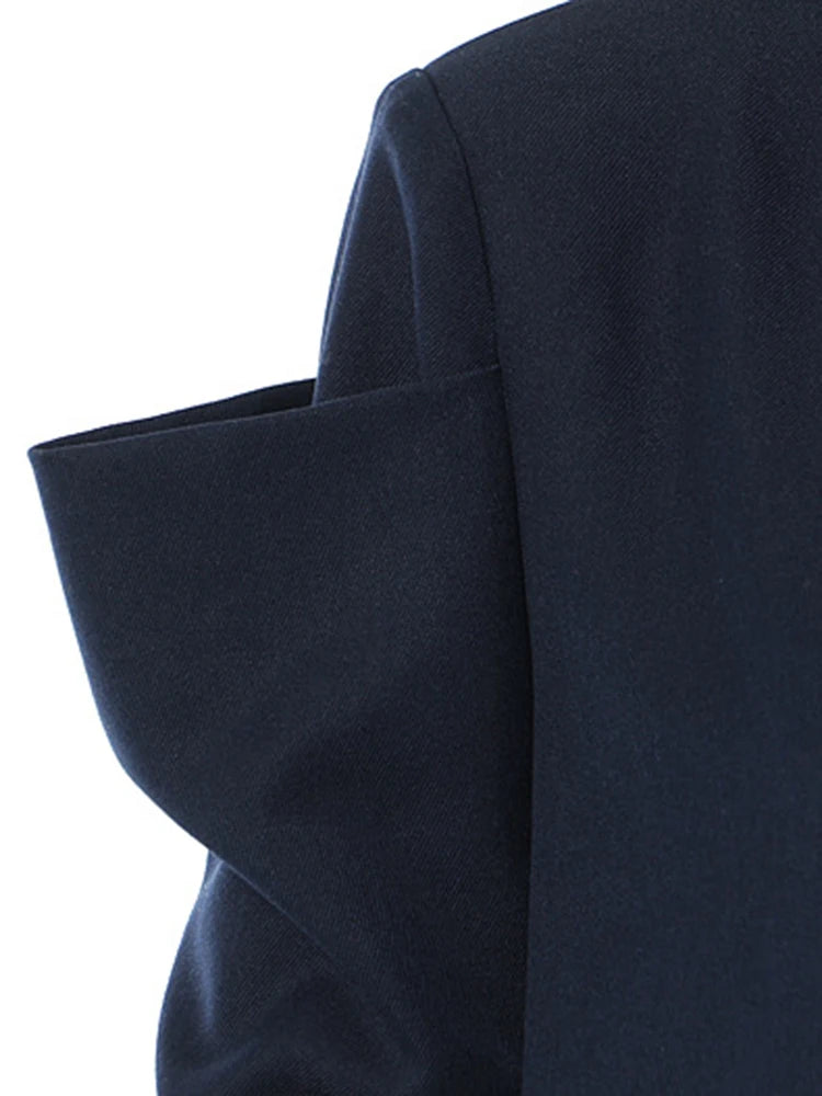 Women Navy Blue Elegant Long Shaped Blazer New Stand Collar Long Sleeve Jacket Fashion Tide Spring Autumn 2025 1DH3989