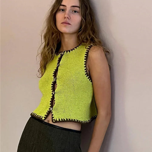 Load image into Gallery viewer, Contrast Color Knit Sweater Vest Women O Neck Single-btrasted Sleeveless Crop Tops Ladies Fashion Knitted Tops Vest
