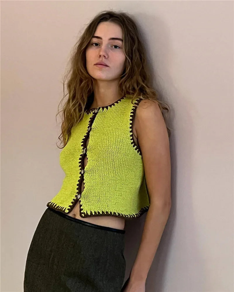 Contrast Color Knit Sweater Vest Women O Neck Single-btrasted Sleeveless Crop Tops Ladies Fashion Knitted Tops Vest