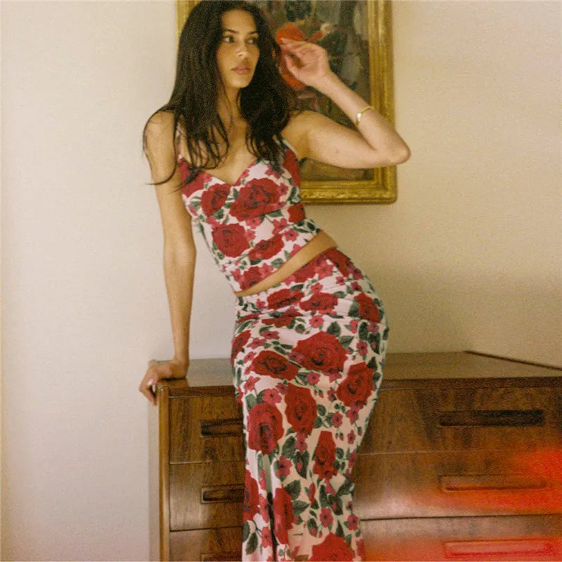 Floral Print Sexy Skirt Two Piece Sets Women Fashion Sleeveless Crop Tops And Long Skirt Femme Printed Two Piece Sets