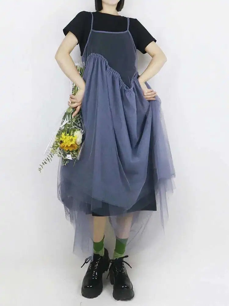 Women Green Mesh Layers Elegant Spaghetti Strap Dress New Square Collar Sleeveless Fashion Tide Spring Autumn 2025 1DJ0363