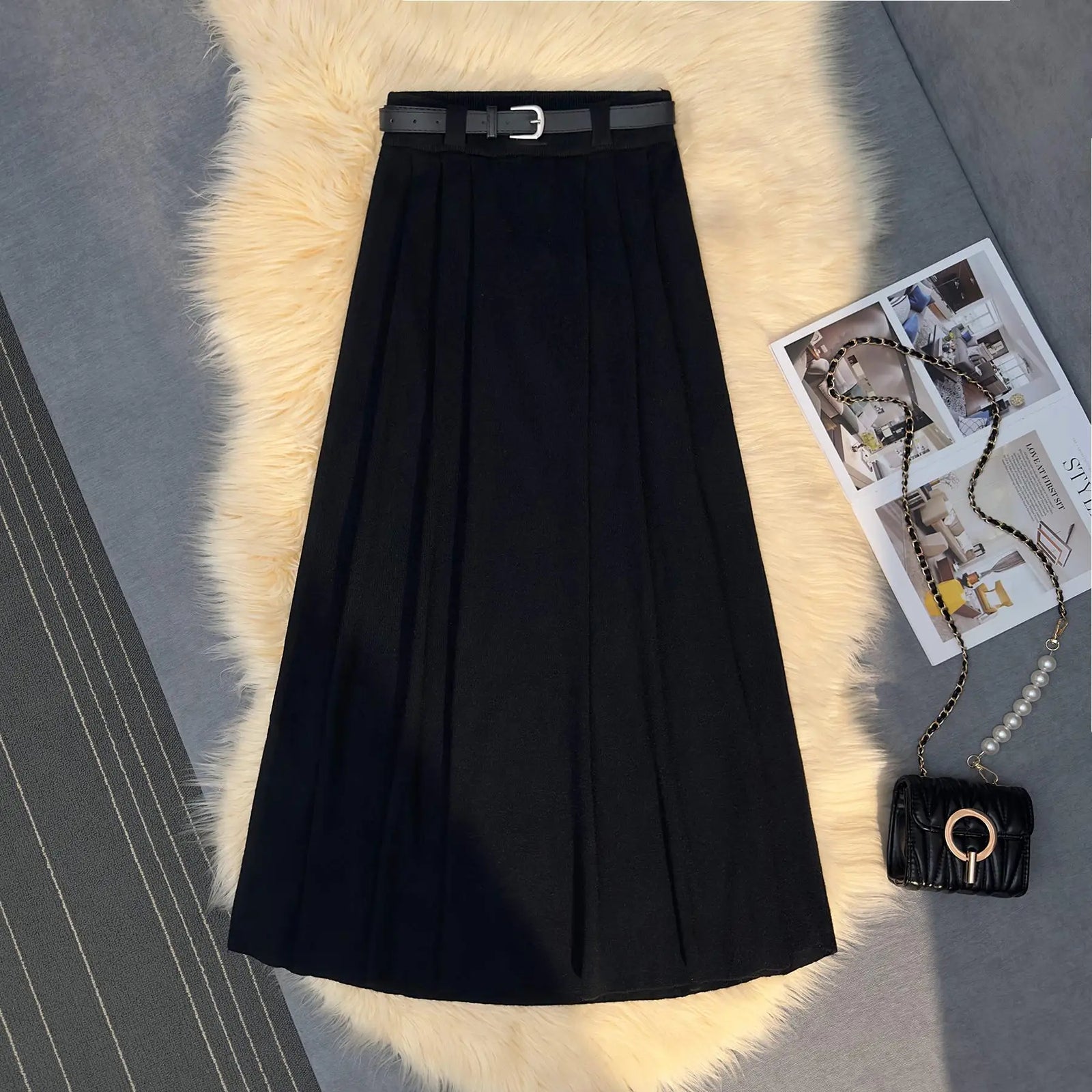 Korean Fashion Vintage Women Solid Elegant High Waist Party Long Skirts 2024 Autumn Winter A-line Pleated Knit Skirt Streetwear