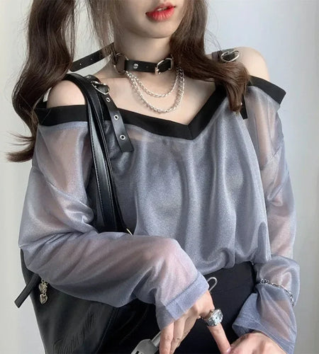 Off Shoulder Woman T Shirts Y2k Tops Summer Thin Tees Long Sleeve See Through Tshirts Fashion Sexy Camisetas Women Clothing