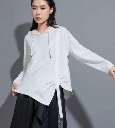 Women White Irregular Ribbon Big Size Casual T-shirt New Hooded Long Sleeve Fashion Tide Spring Autumn 2025 1DH0999