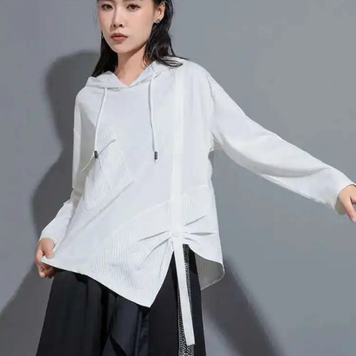 Load image into Gallery viewer, Women White Irregular Ribbon Big Size Casual T-shirt New Hooded Long Sleeve Fashion Tide Spring Autumn 2025 1DH0999
