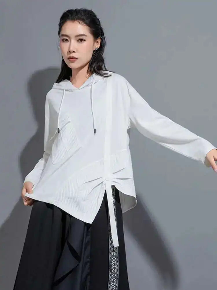 Women White Irregular Ribbon Big Size Casual T-shirt New Hooded Long Sleeve Fashion Tide Spring Autumn 2025 1DH0999