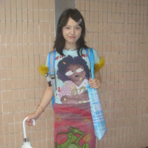 Load image into Gallery viewer, Japanese Y2k Graffiti Print T-shirt Trashy 2000s Style Crop Top Vintage Harajuku Removable Fur Sleeve Tee Shirt American
