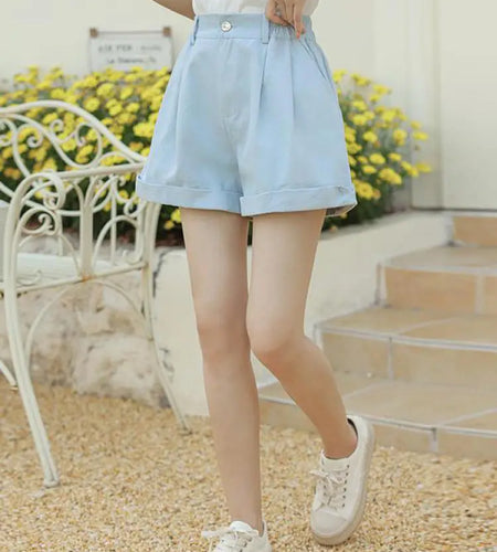 Spring Summer High Waist Solid Student Cotton Shorts Women Fashion Casual Versatile Button Pleated Short Pants Simplicity Korean