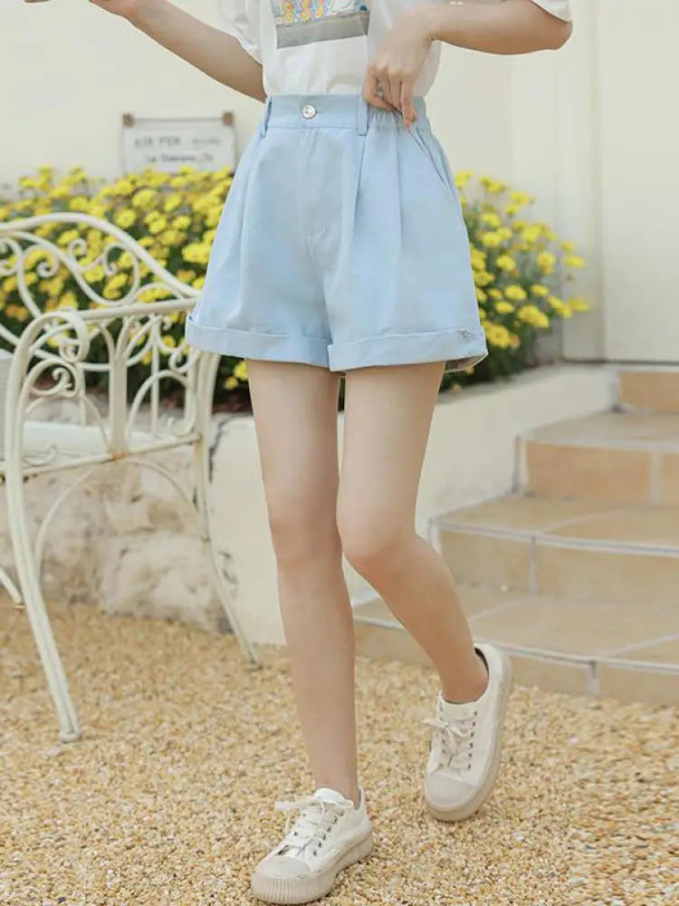 Spring Summer High Waist Solid Student Cotton Shorts Women Fashion Casual Versatile Button Pleated Short Pants Simplicity Korean