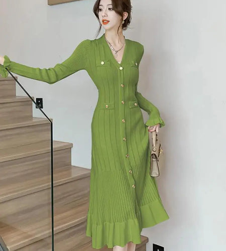 Autumn French Solid V-neck Elegant Ruffles Knit Dress Women Slim Long Sleeve Single Breast Fishtail Dress 2024 New Fashion Trend