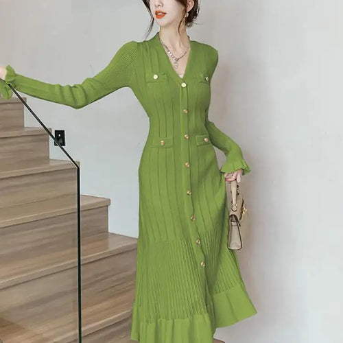 Load image into Gallery viewer, Autumn French Solid V-neck Elegant Ruffles Knit Dress Women Slim Long Sleeve Single Breast Fishtail Dress 2024 New Fashion Trend

