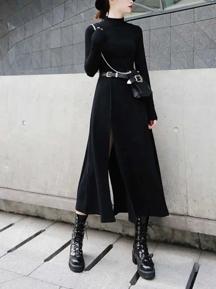 Women Red Hem Slit Long Irregular Dress New Turtleneck Long Sleeve Loose Fit Fashion Tide Spring Autumn 2025 1DF4817