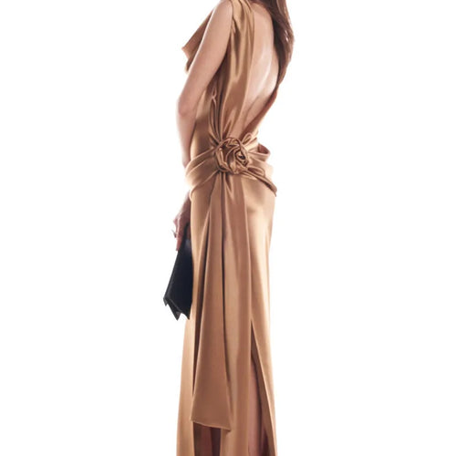 Load image into Gallery viewer, Satin Backless Sexy Maxi Dress For Women Elegant Rose Thigh High Split Beach Holiday Long Dress Gorgeous Club Gown
