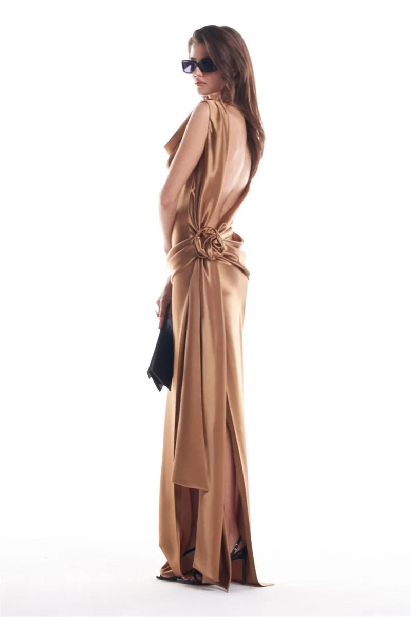 Satin Backless Sexy Maxi Dress For Women Elegant Rose Thigh High Split Beach Holiday Long Dress Gorgeous Club Gown