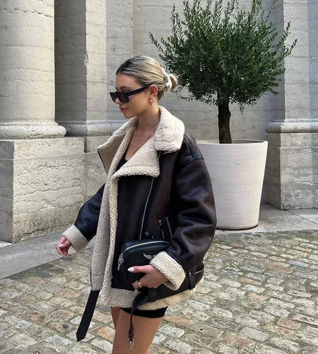 Fashion Winter Warm Faux Fur Jacket Women Long Sleeve Moto Biker Zipper Jackets Coat Female Autumn Casual Lapel coat