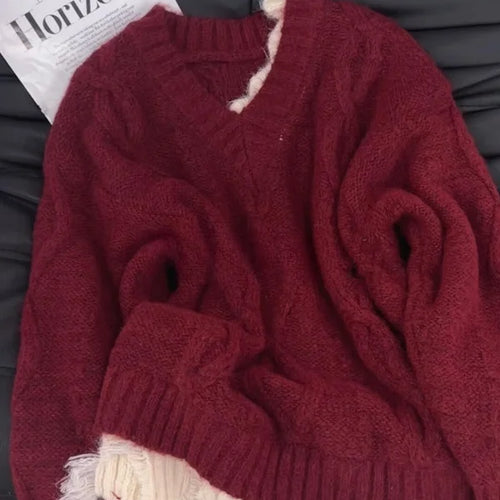 Load image into Gallery viewer, Autumn Winter Red Patchwork Elegant Warm Short Knitted Sweater Korean Women's Grey V-neck Long Sleeved Office Pullover Tops Chic
