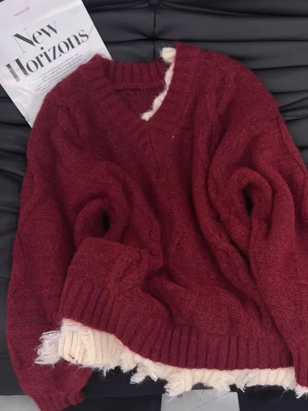 Autumn Winter Red Patchwork Elegant Warm Short Knitted Sweater Korean Women's Grey V-neck Long Sleeved Office Pullover Tops Chic