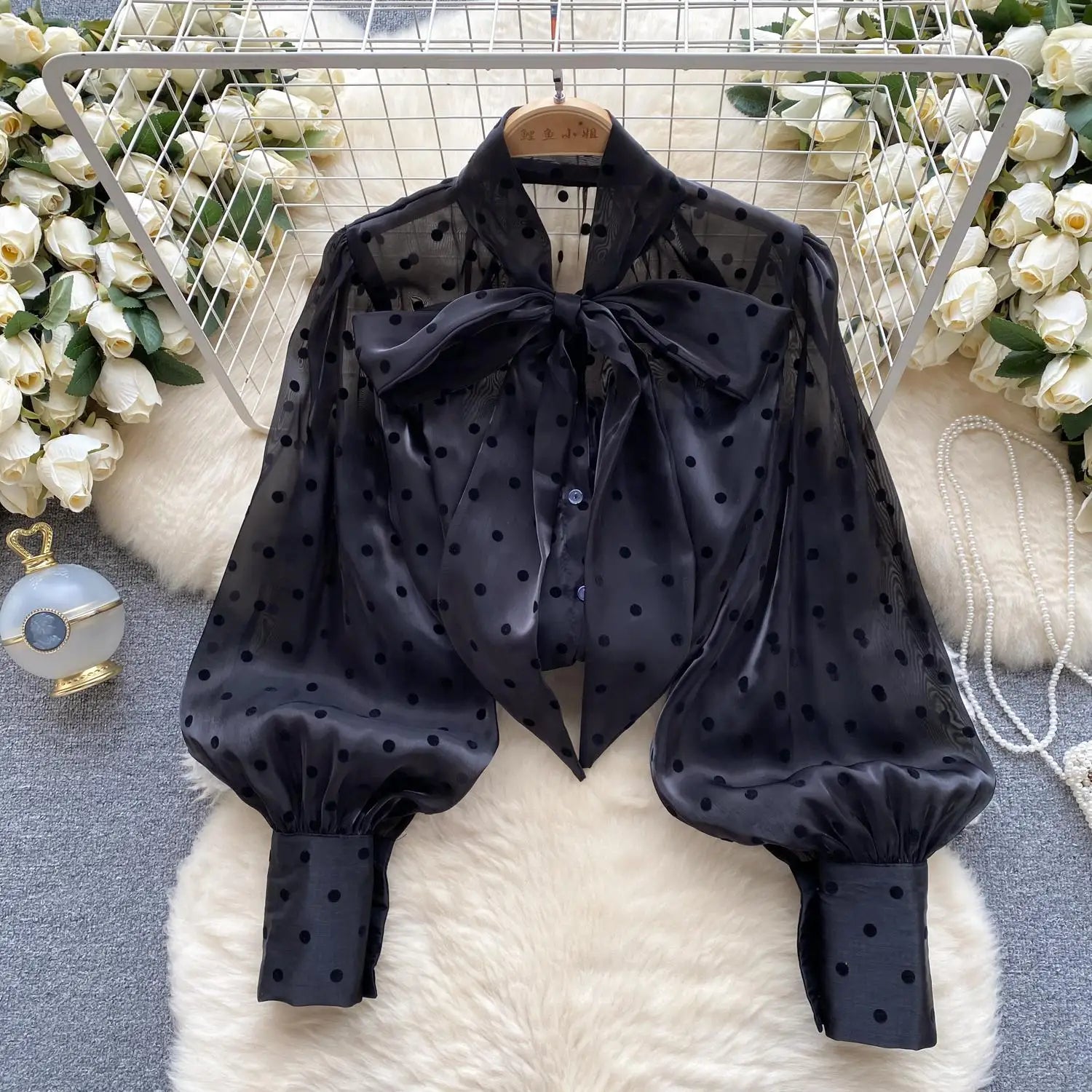 Autumn Women's Vintage Festival Polka Dots Single Breasted Shirt Elegant Sweet Bow Long Sleeve Loose Office Ladies Blouses Tops