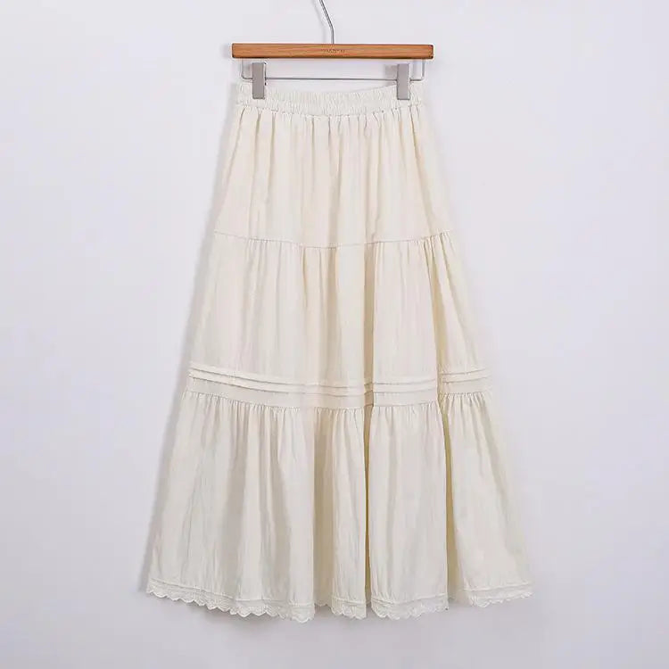 Spring Summer Black White Patchwork Lace High Waist Pleated Skirt Women French Vintage Beige Elegant Vacation Party Long Skirts
