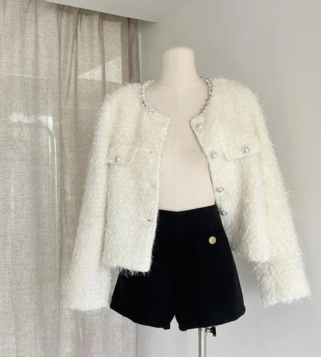 Autumn Winter Vintage White Long Sleeves Single Breasted Coat French Fashion Women Elegant Pearl Round Neck Short Jacket Popular