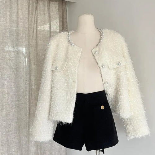 Load image into Gallery viewer, Autumn Winter Vintage White Long Sleeves Single Breasted Coat French Fashion Women Elegant Pearl Round Neck Short Jacket Popular
