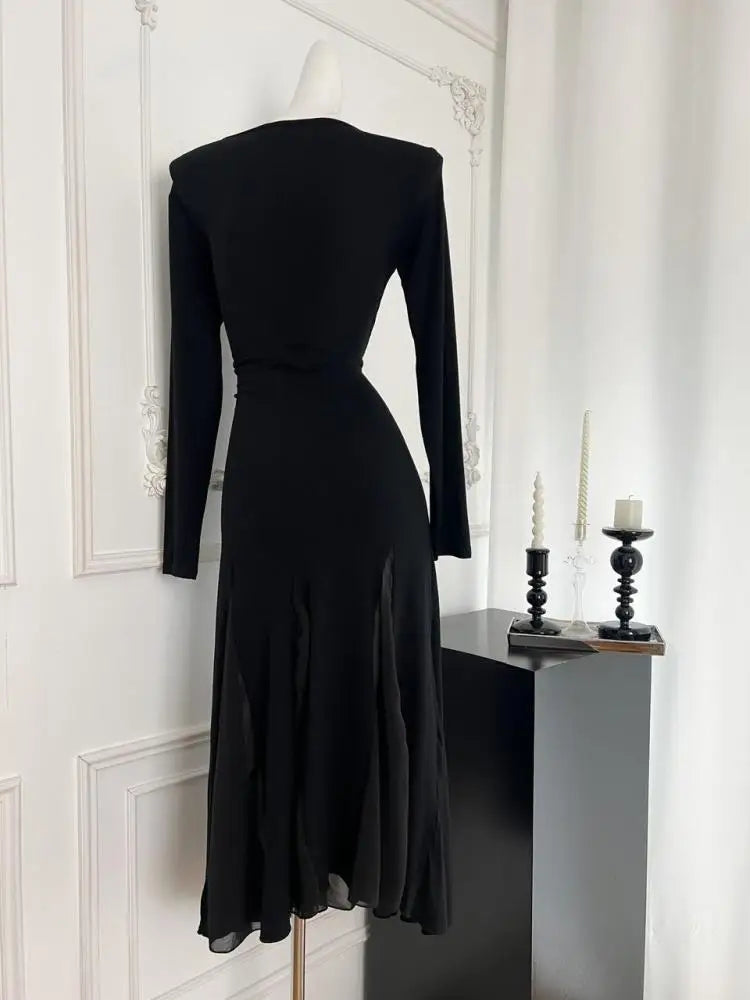 French Vintage Women's Black Mesh Elegant Long Sleeve Pleated Fishtail Dress Autumn Round Neck Temperament Party Evening Dresses