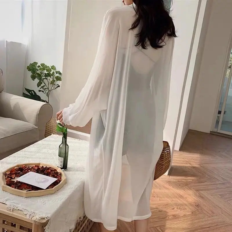 Summer White Sun Protection Clothing Women Long Cardigan Female Loose Cardigans Ladies Shawl Women Chiffon Thin Coat