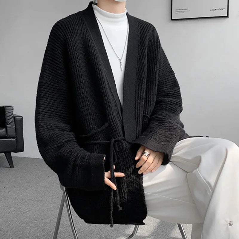 Knitted V-neck Cardigan Men Sweater Long Sleeves Lace-up Solid Color Autumn Winter 2024 Versatile Men's Knits 9C8746
