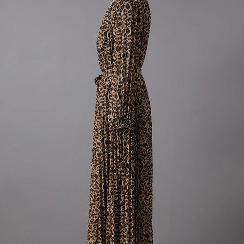 Load image into Gallery viewer, Women Brown Leopard Printed Rhinestones Long Dress New Round Neck Long Sleeve Fashion Tide Spring Autumn 2025 3WM2692
