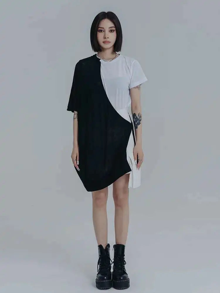 Women White Color-block Irregular Casual T-shirt New Round Neck Short Sleeve Fashion Tide Spring Summer 2025 1DE8091