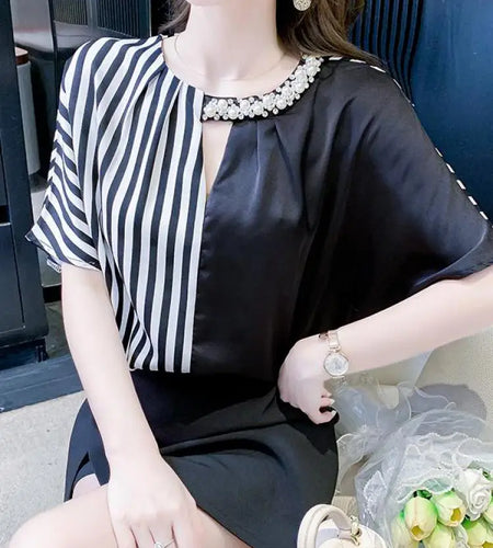 Hollow Out Versatile Stripe Patchwork Shirts 2023 Summer Female O-neck Short Sleeve Women Office Blouses Heavy Nailed Pearl Tops