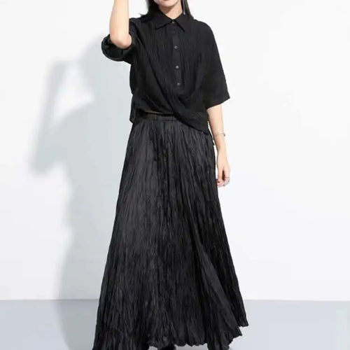 Load image into Gallery viewer, Women Black Pleated Cross Big Size Short Blouse New Lapel Half Sleeve Shirt Fashion Tide Spring Autumn 2025 1DH6145
